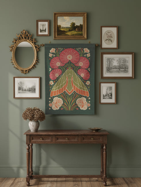A rectangular woven wall tapestry with a rich, dark green background. The central design is a large, stylized moth with intricate wings in shades of orange, cream, and muted green. The moth is surrounded by a symmetrical arrangement of folk-art style flowers and botanicals in vibrant pink, coral, and cream. The entire piece has a visible, high-quality woven texture. This polyester and cotton blend textile art measures 26x36 inches and includes a rod pocket on the black backing for easy hanging.
